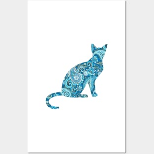 Blue Paisley Cat Silhouette Posters and Art